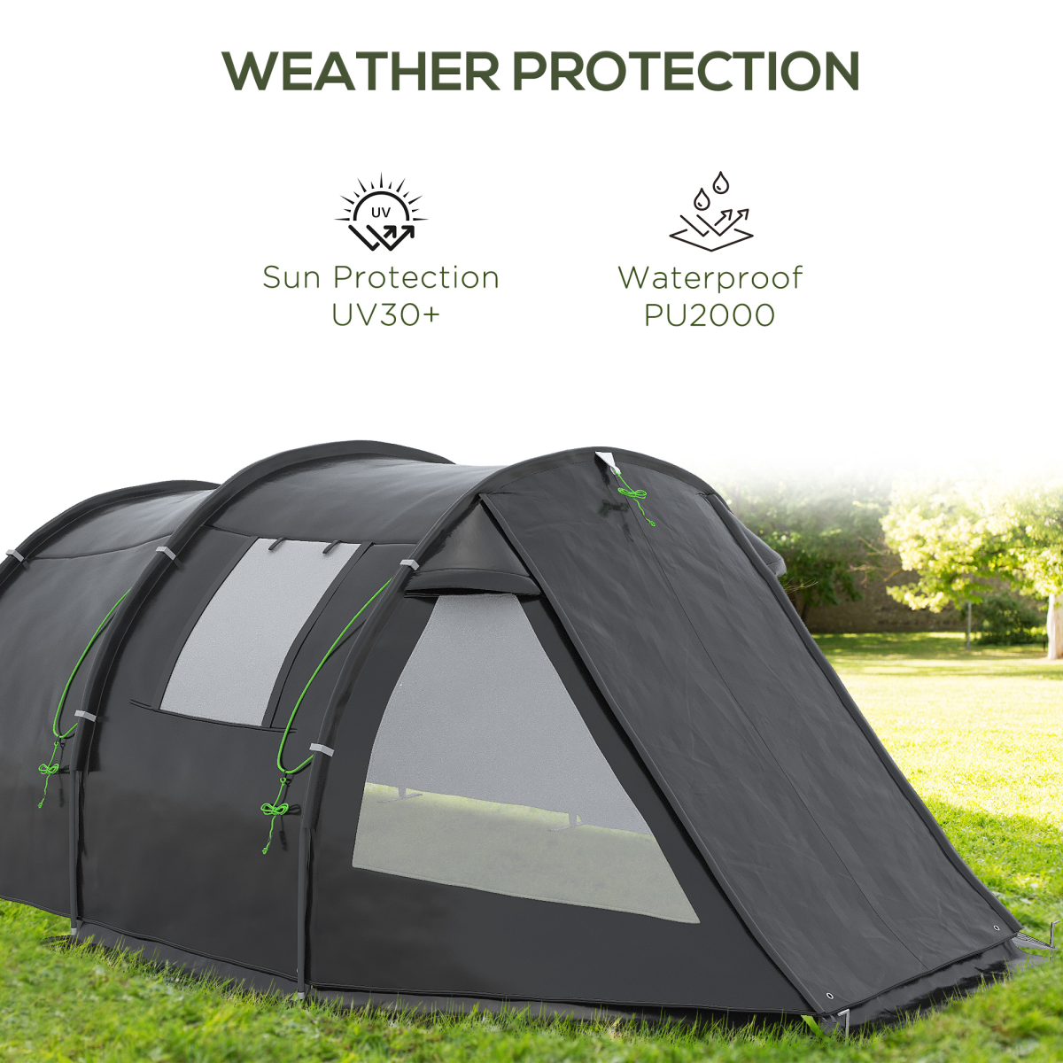 Outsunny 3-4 Person Tunnel Tent with Two Rooms, Windows & Carry Bag – Water-Resistant Family Camping Tent, Black