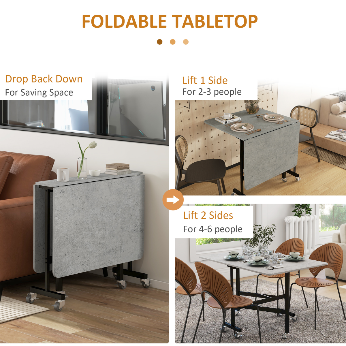 HOMCOM Drop Leaf Dining Table on Wheels – Seats up to 6, Space-Saving Mobile Table, Grey