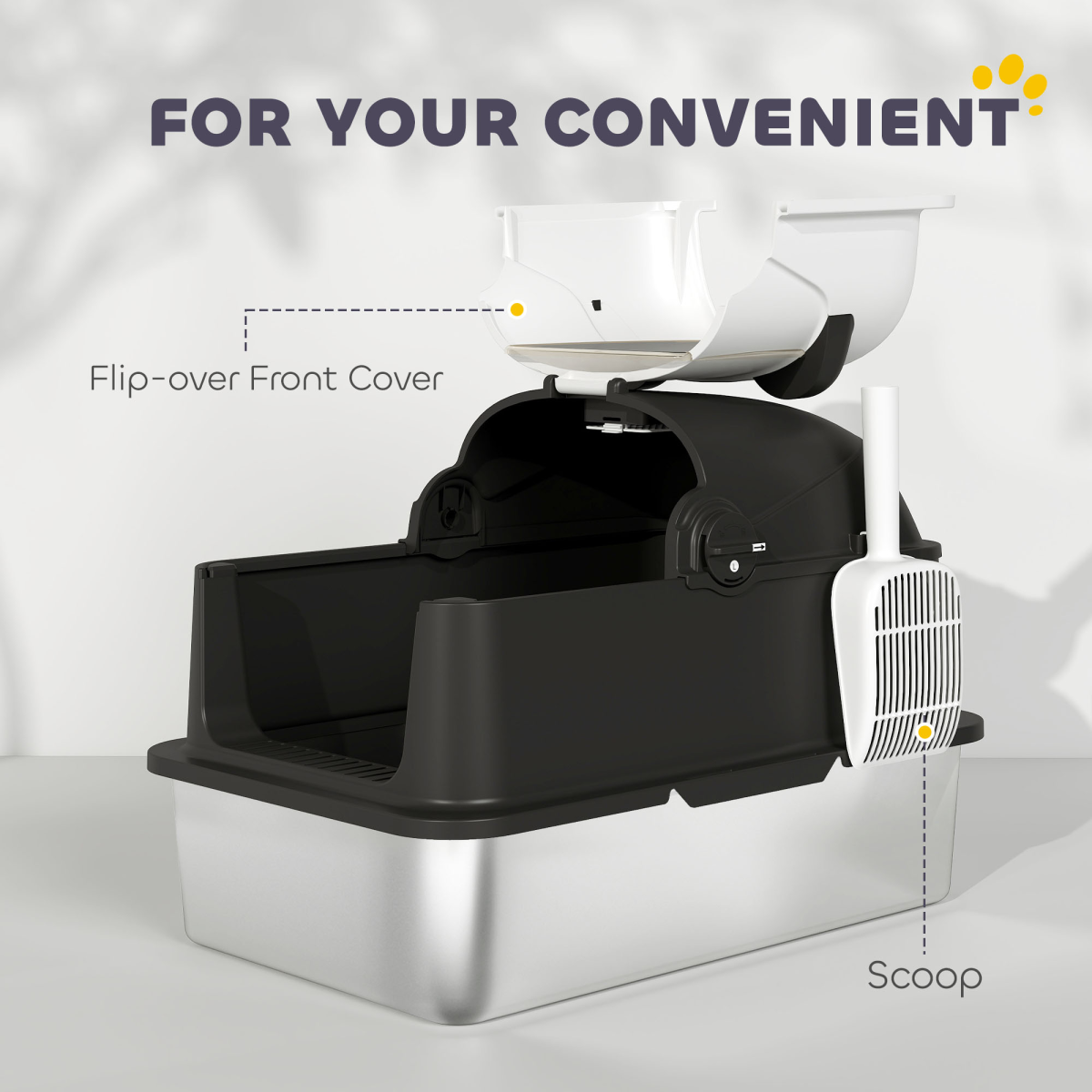 XL Stainless Steel Enclosed Cat Litter Box with Panda Design, Flip-Top Lid, Scoop and Deodoriser
