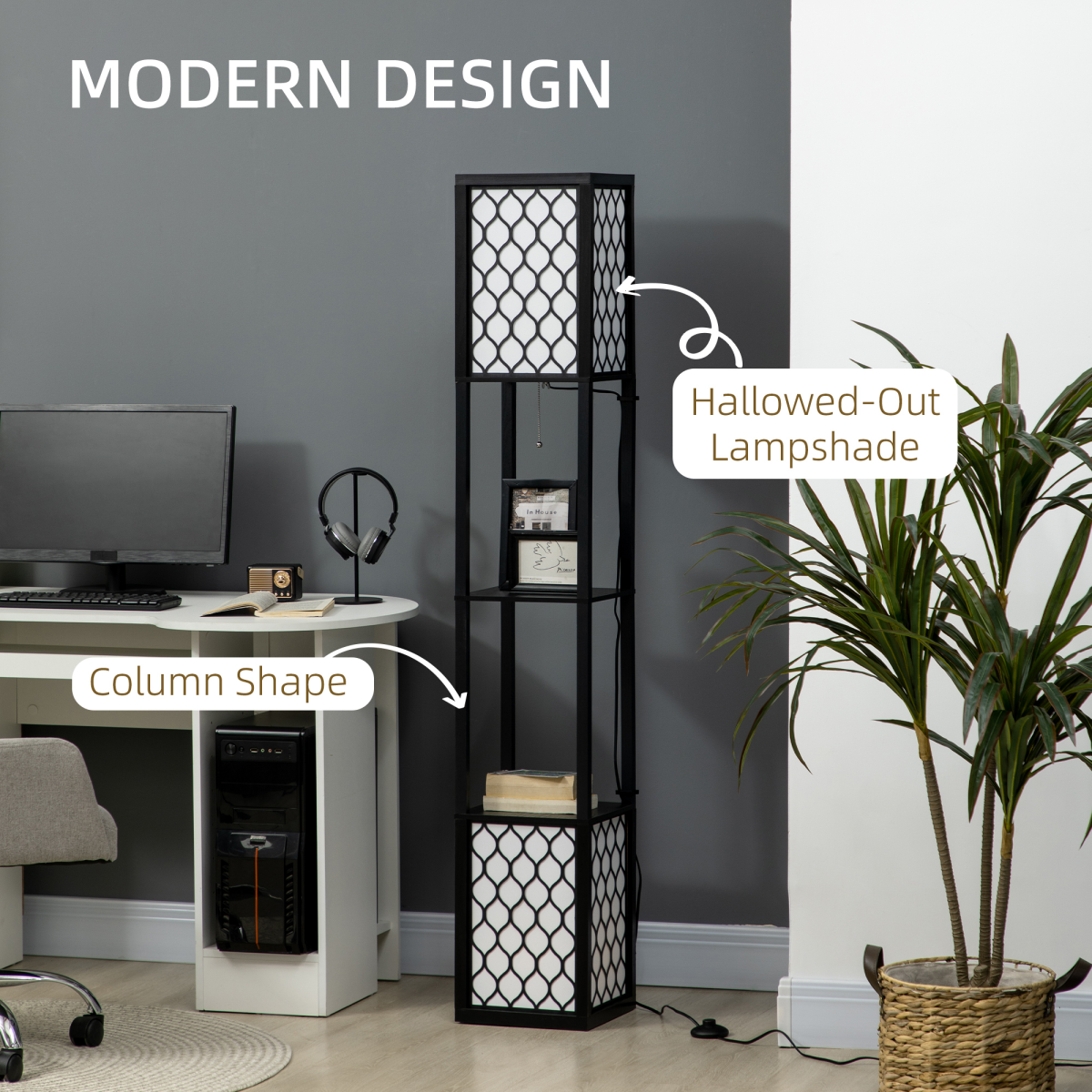 Modern 2-Light Floor Lamp with Display Shelves – Living Room & Bedroom Lighting and Storage