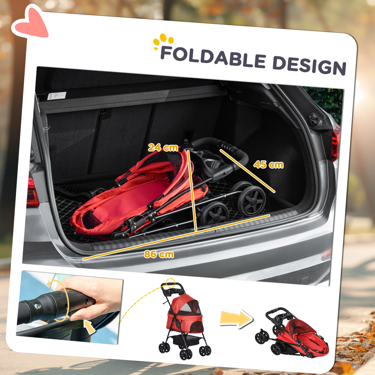 Foldable Pet Stroller with Brakes, Adjustable Canopy, Basket & Safety Leashes – Travel Carriage for Mini Dogs