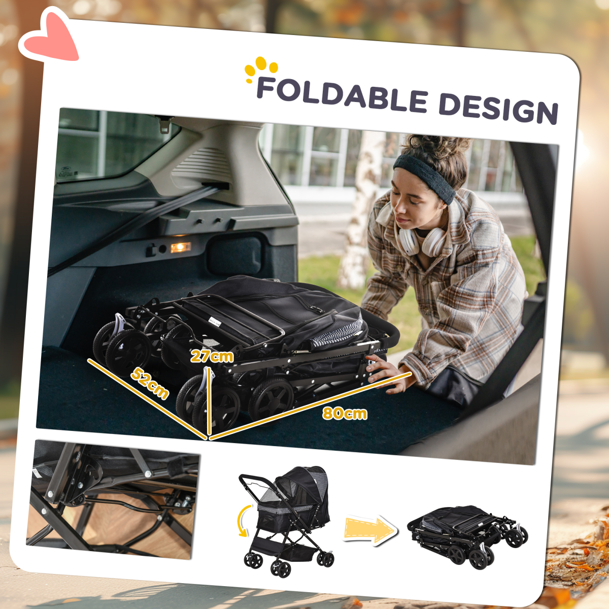 PawHut Foldable Pet Stroller with Reversible Handle, Canopy & 4 Wheels – Dog Travel Carriage, Black