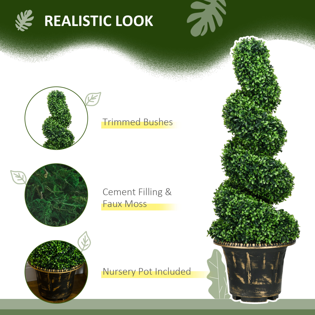 HOMCOM Set of 2 Artificial Spiral Boxwood Topiary Trees, 90cm Tall in Pots – Realistic Doorway Greenery