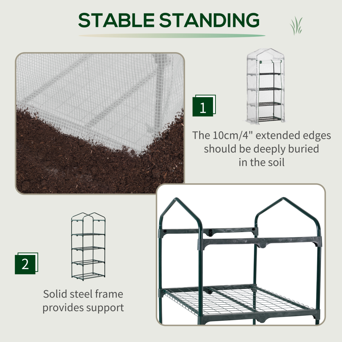 4-Tier Mini Greenhouse with Zipped Roll-up Door – Steel Frame Plant Grow House, 70 x 50 x 160cm, Dark Green & White