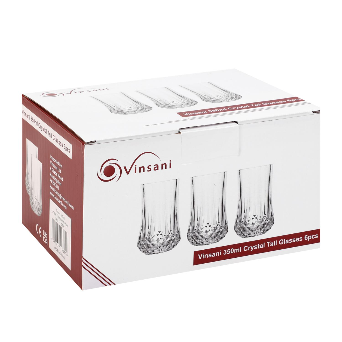Vinsani 6 Piece Crystal-Cut Tall Glasses Set, 350ml Toughened Glass Tumblers – Geometric Design Drinkware