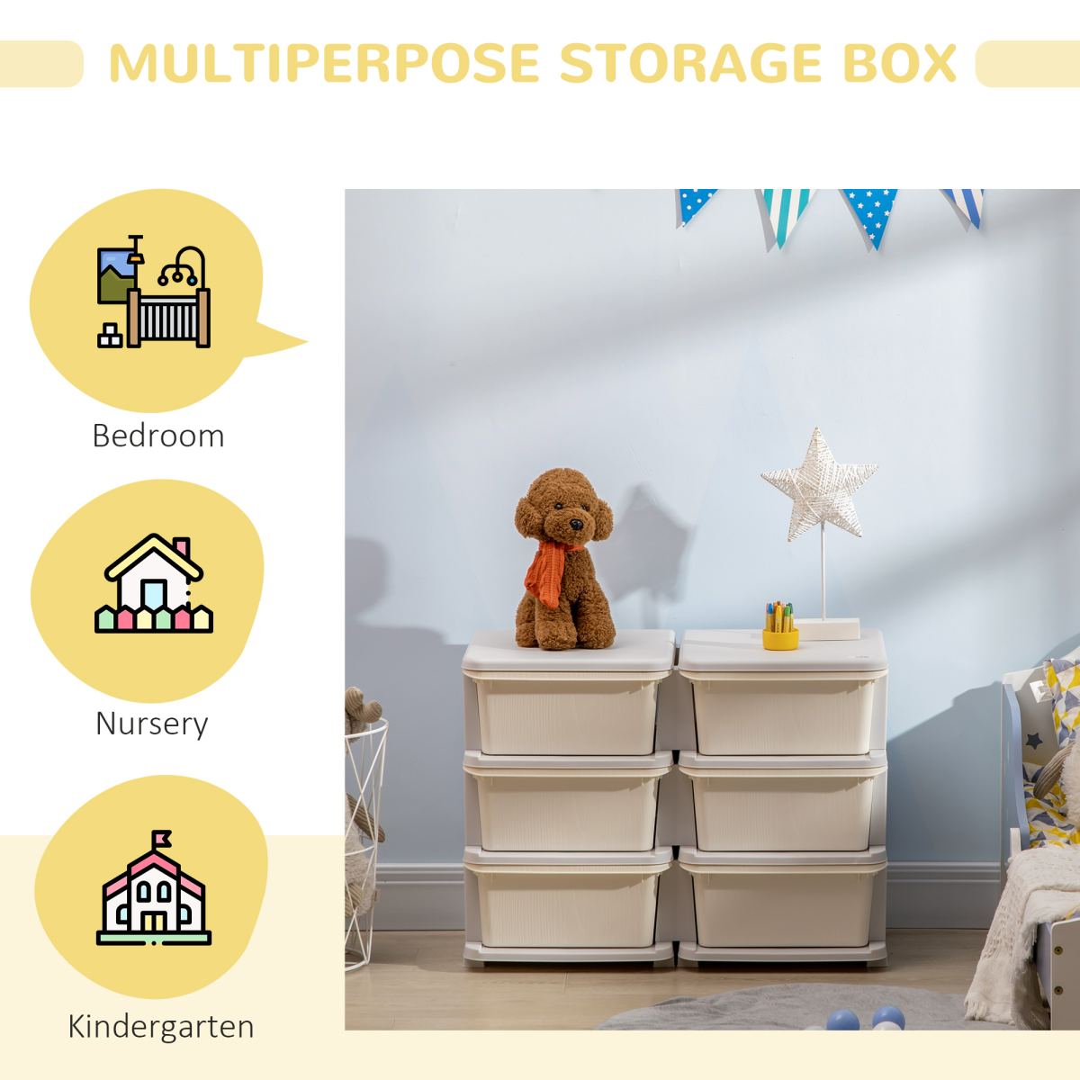 HOMCOM Kids Storage Unit with Six Drawers – Vertical Toy Box Dresser for Bedroom & Playroom, Cream