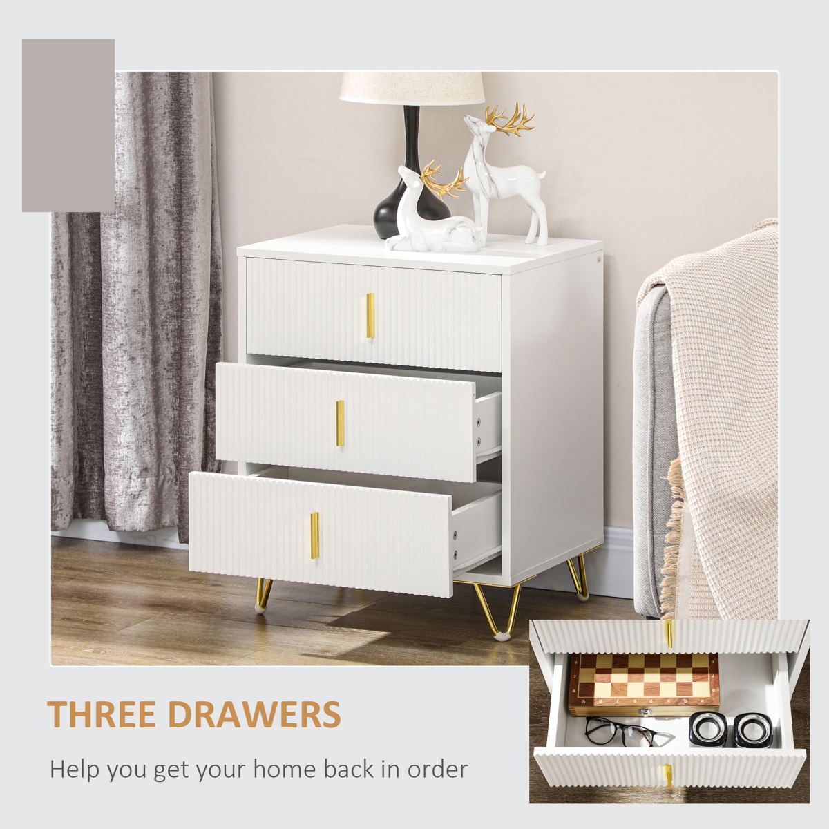 HOMCOM 3 Drawer Chest of Drawers with Ridged Front and Gold Accents – Bedroom Storage Cabinet, White