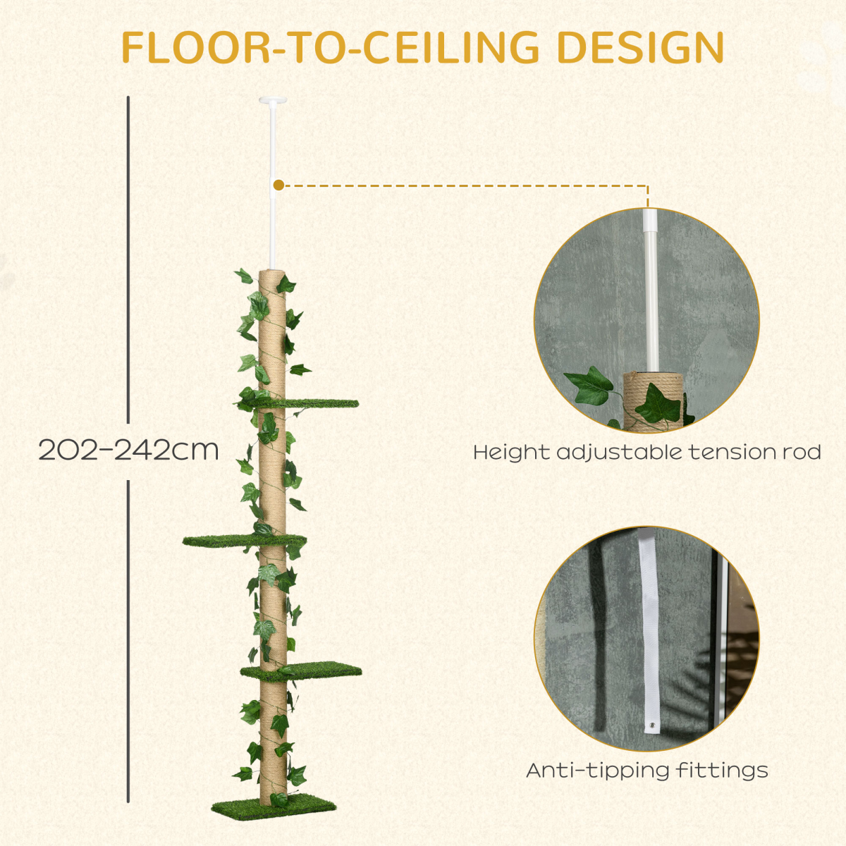 242cm Adjustable Floor-to-Ceiling Cat Tree with Jute Scratching Post and Anti-Slip Kit – Tall Cat Tower, Green