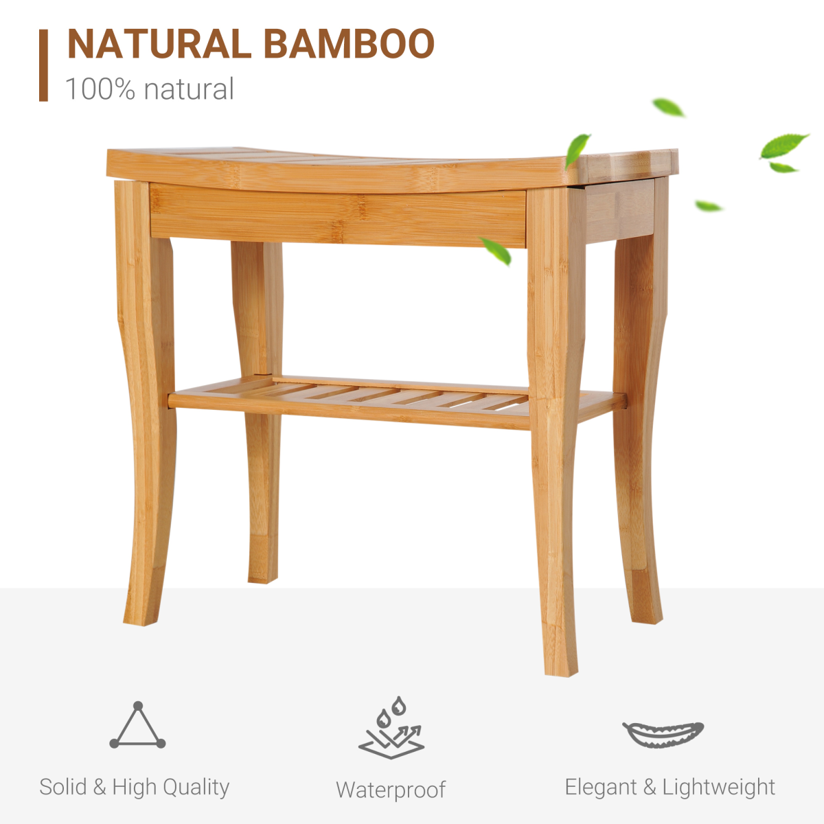 2-Tier Slatted Shower Bench with Storage Shelf – Compact Bath Seat with Round Edges and 100kg Capacity