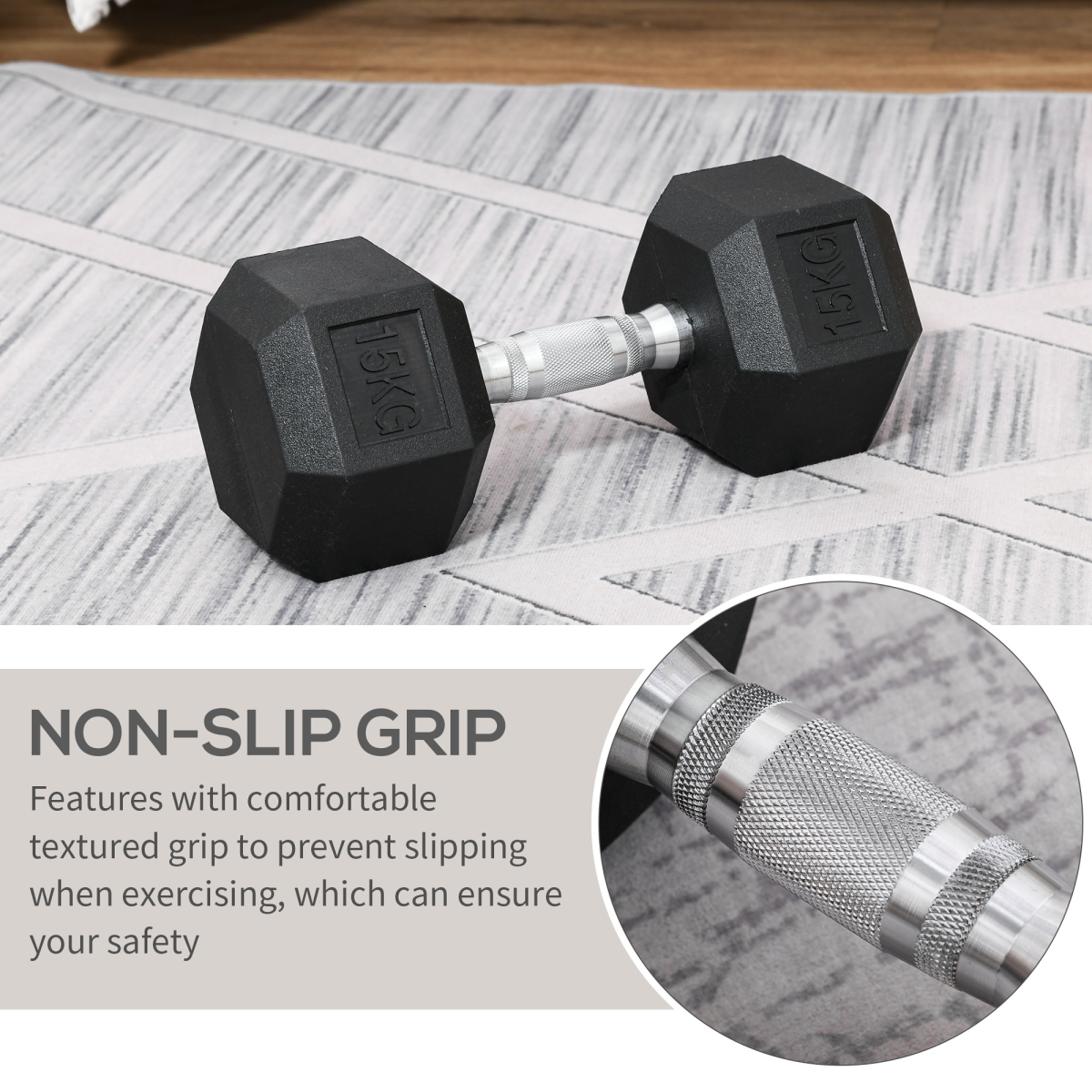 HOMCOM 15kg Single Rubber Hex Dumbbell with Knurled Steel Handle – Home Gym Hand Weight for Strength Training
