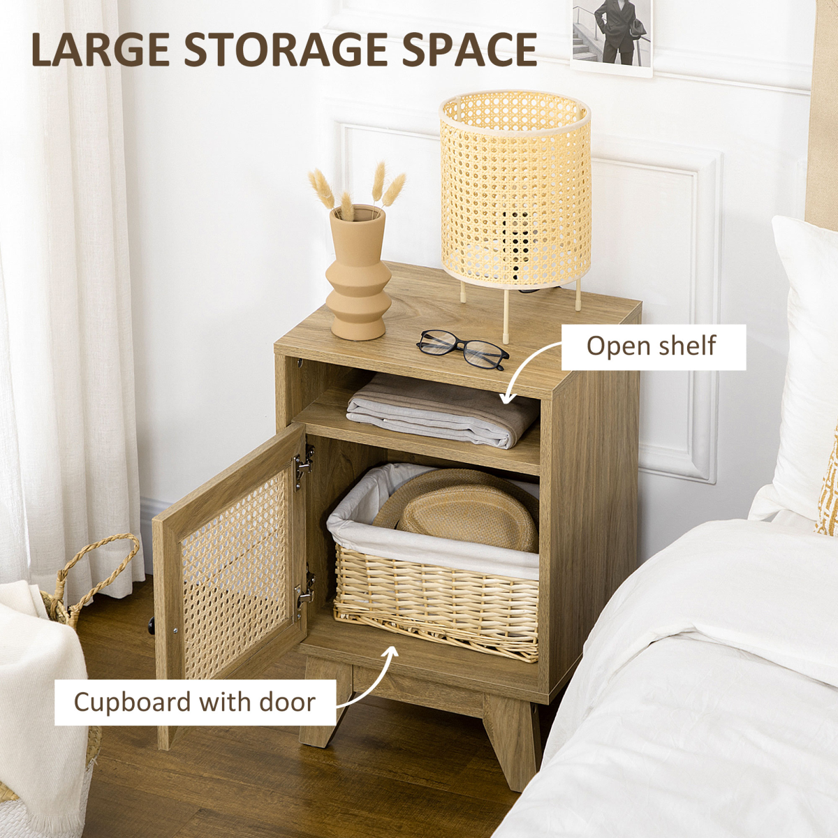 HOMCOM Bedside Table with Drawer and Shelf, Rattan Door Panel – Wood-Effect Nightstand, Anti-Tipping