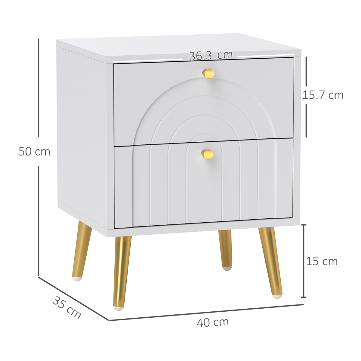 HOMCOM Set of 2 Bedside Tables with 2 Drawers – Arched Embossed Design with Gold Tone Pulls, White