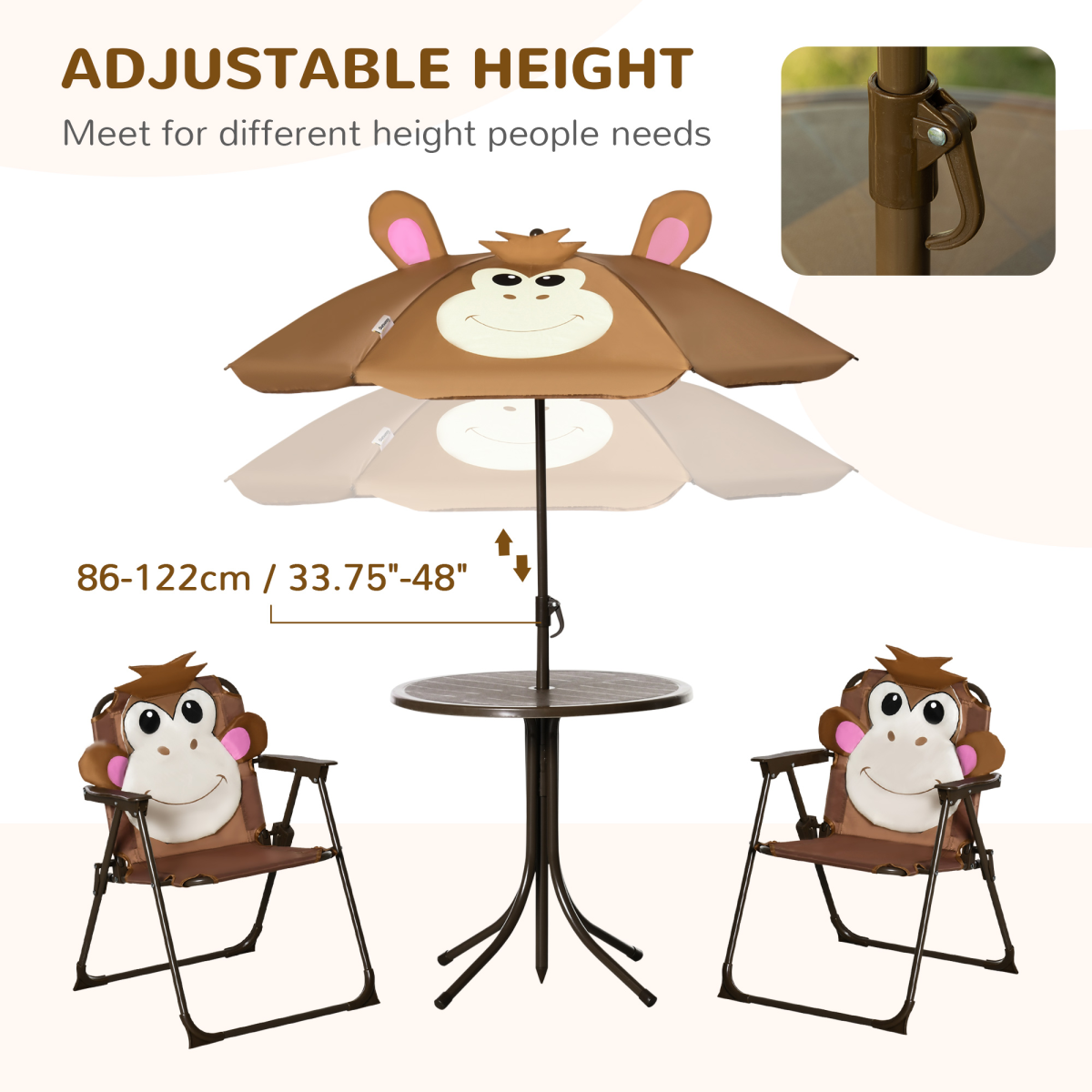 Outsunny Kids Foldable Four-Piece Garden Set with Table, Two Chairs and Monkey Umbrella – Ages 3-6