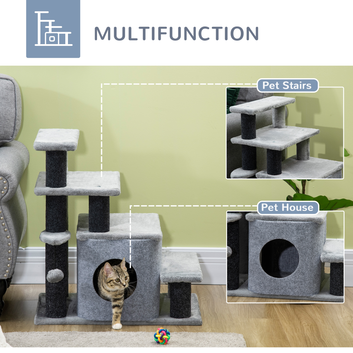 Pawhut Cat Steps for Bed & Sofa with Cat House, Hanging Ball & Adjustable 3 or 4 Steps – Pet Stairs, Grey