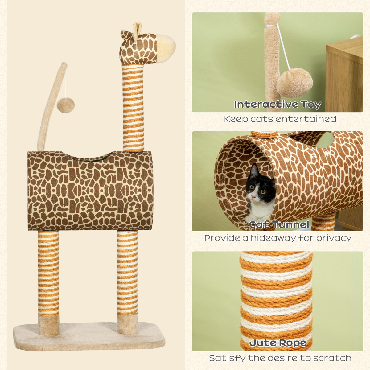 PawHut Giraffe Cat Tree with Jute Scratching Posts, Tunnel & Hanging Ball – Kitten Play Tower