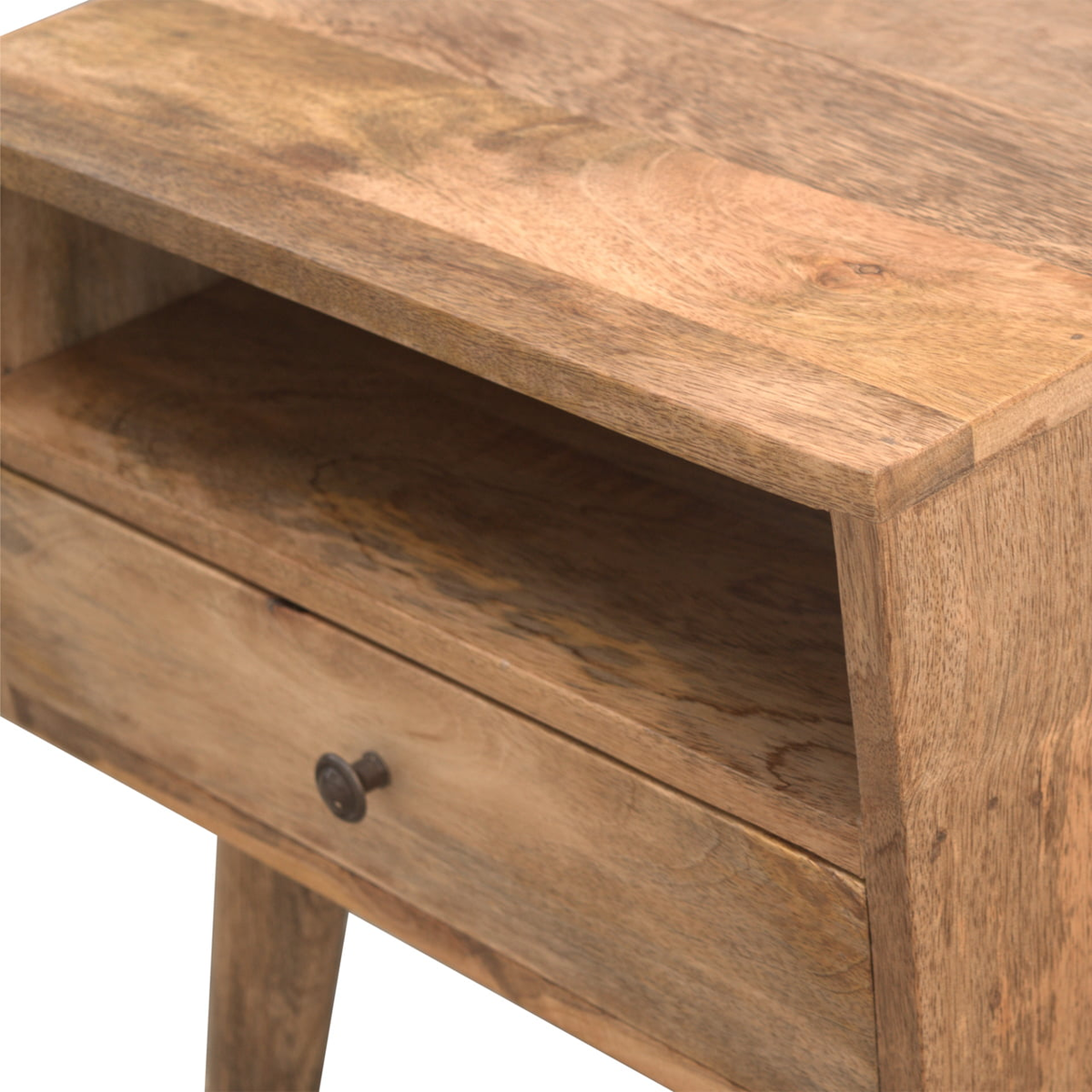 Artisan Furniture Solid Mango Wood Modern Bedside Table with 1 Drawer & Open Shelf – Oak-ish Finish, Beige