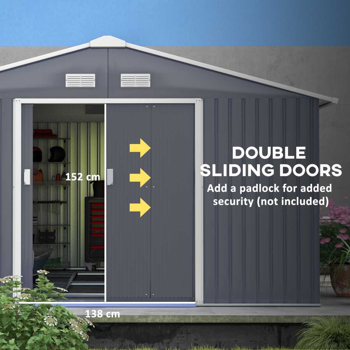 Outsunny 13 x 11FT Galvanised Steel Garden Shed with Sliding Double Door, Ventilation & Floor Foundation, Grey