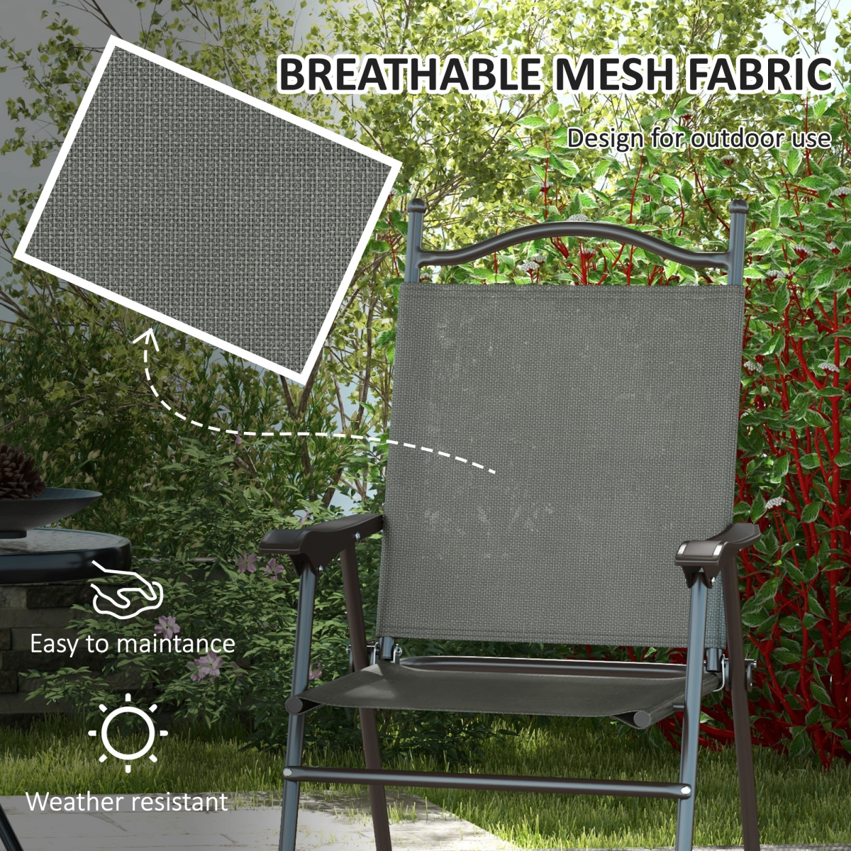 Outsunny Set of 2 Folding Garden Chairs with Armrests and Breathable Mesh Seats – Steel Frame, Dark Grey
