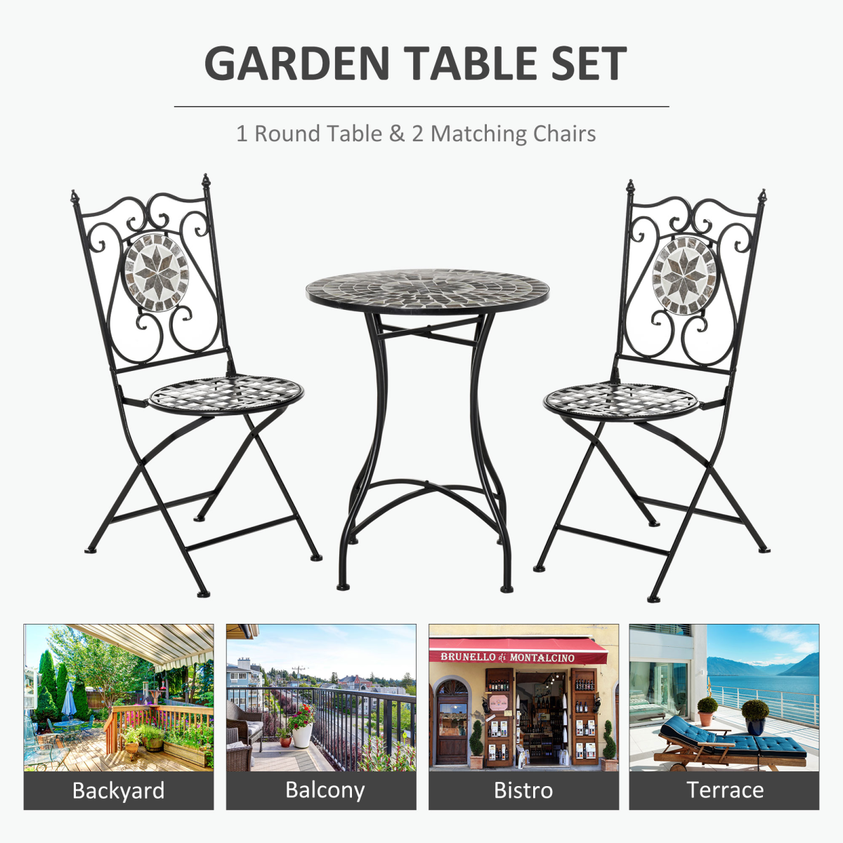 Outsunny 3-Piece Mosaic Tile Bistro Set with Folding Chairs – Compact Garden Patio Table and Chairs