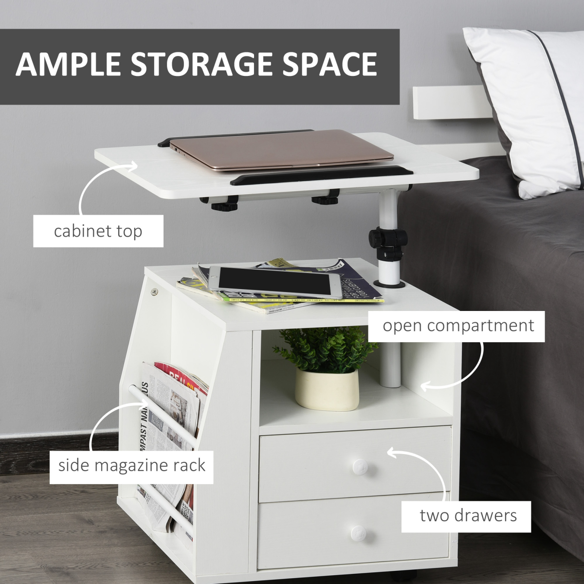 HOMCOM 360° Rotating Tilting End Table with Storage Cabinet and Edge Stopper – White