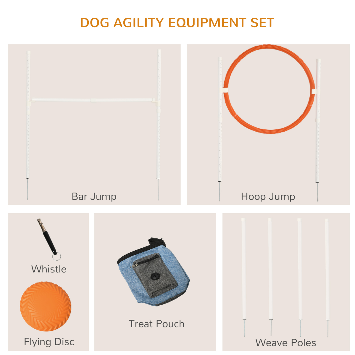 PawHut Five-Piece Dog Agility Training Set with Jump Hurdle, Jump Ring, Weave Poles & Storage Bag – Multicoloured