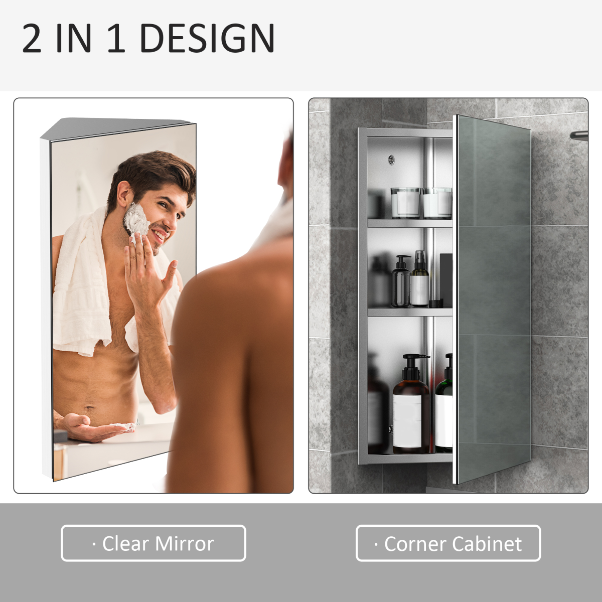 HOMCOM Stainless Steel Floating Corner Cabinet with Mirror & 3 Storage Layers – Wall-Mounted Bathroom Cupboard
