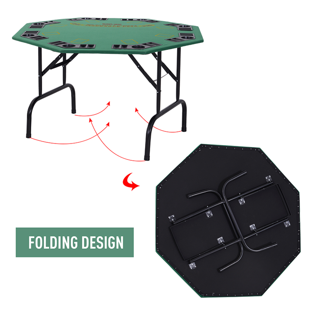HOMCOM 8 Player Folding Poker Table with Chip Trays & Cup Holder – Green Felt Top Card Games Table, Steel Legs