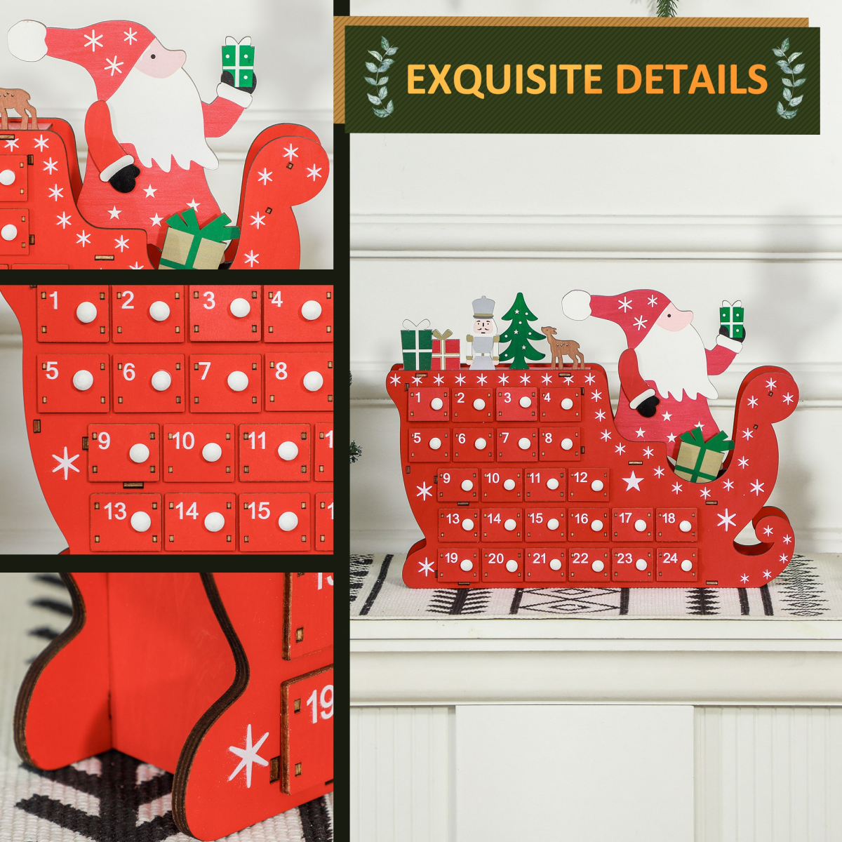 HOMCOM Advent Calendar with 24 Fillable Drawers – Santa Sleigh Christmas Countdown Calendar, Red