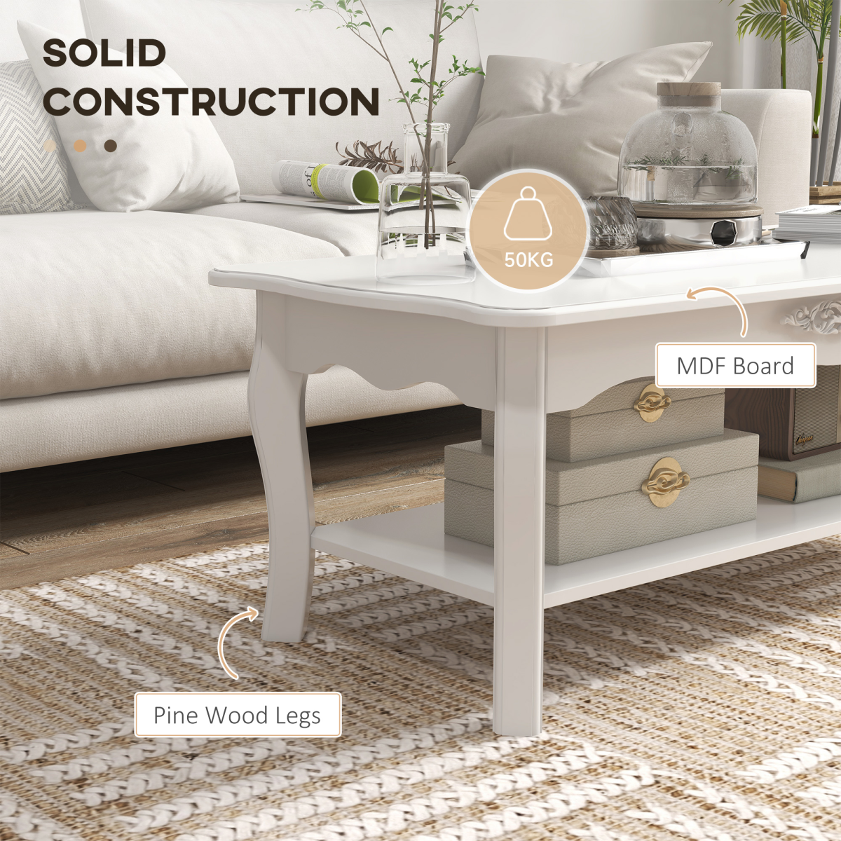 HOMCOM Modern Coffee Table with Magazine Shelf and Curved Legs – Lightweight Living Room Table, White