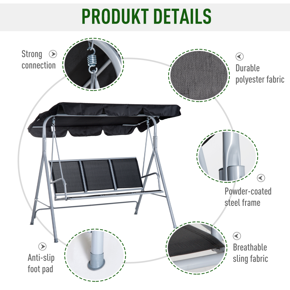 Outsunny 3-Seater Outdoor Swing Chair with UV-Protected Canopy, Metal Frame – Garden Patio, Black