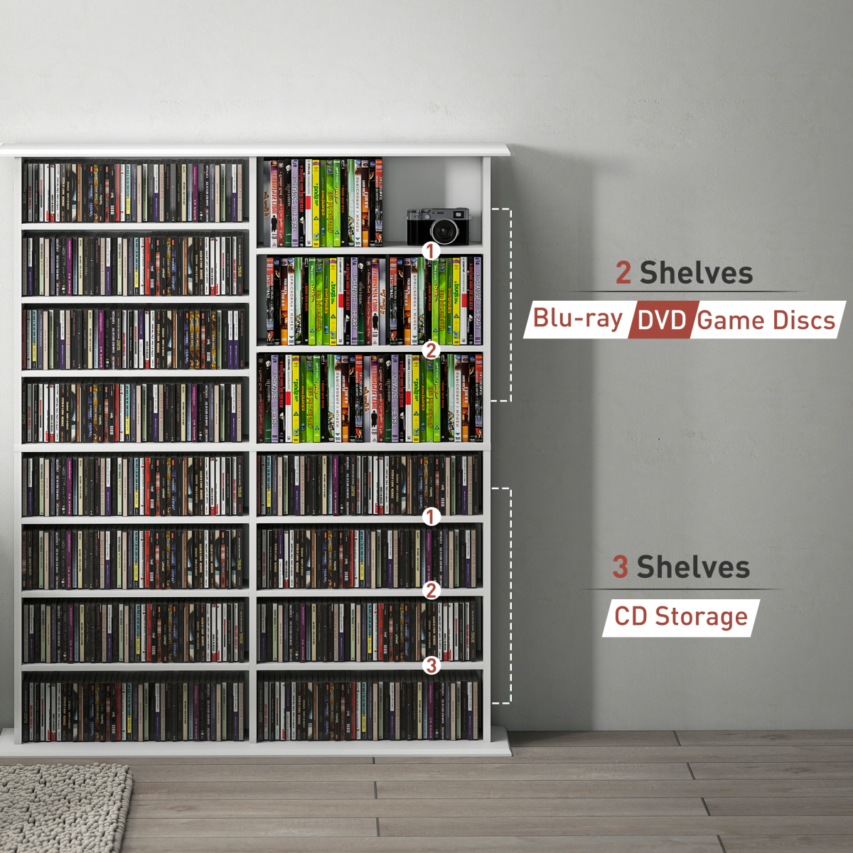 CD & DVD Storage Unit with 16 Compartments & Adjustable Shelves – Slim Media Shelf for 720 CDs, White