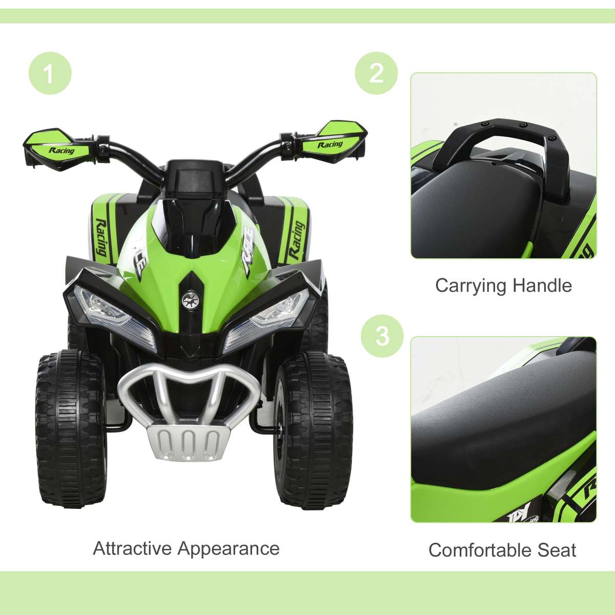 HOMCOM 4-Wheel Toddler Ride-On Quad Car with Music & Lights – No-Pedal Foot-to-Floor Walking Car