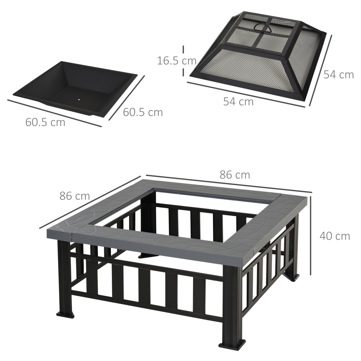 Outsunny Square Fire Pit with Faux Stone Tabletop and Waterproof Mesh Cover – Black/Grey