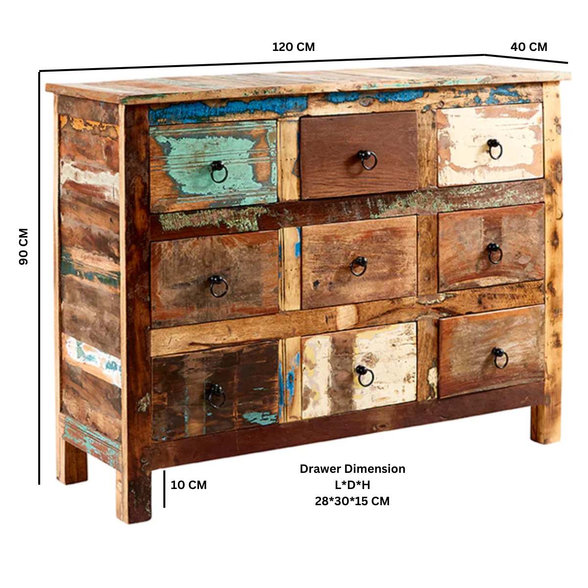 Coastal Reclaimed Wood 9 Drawer Chest – Rustic Solid Wood Storage for Bedroom and Hallway