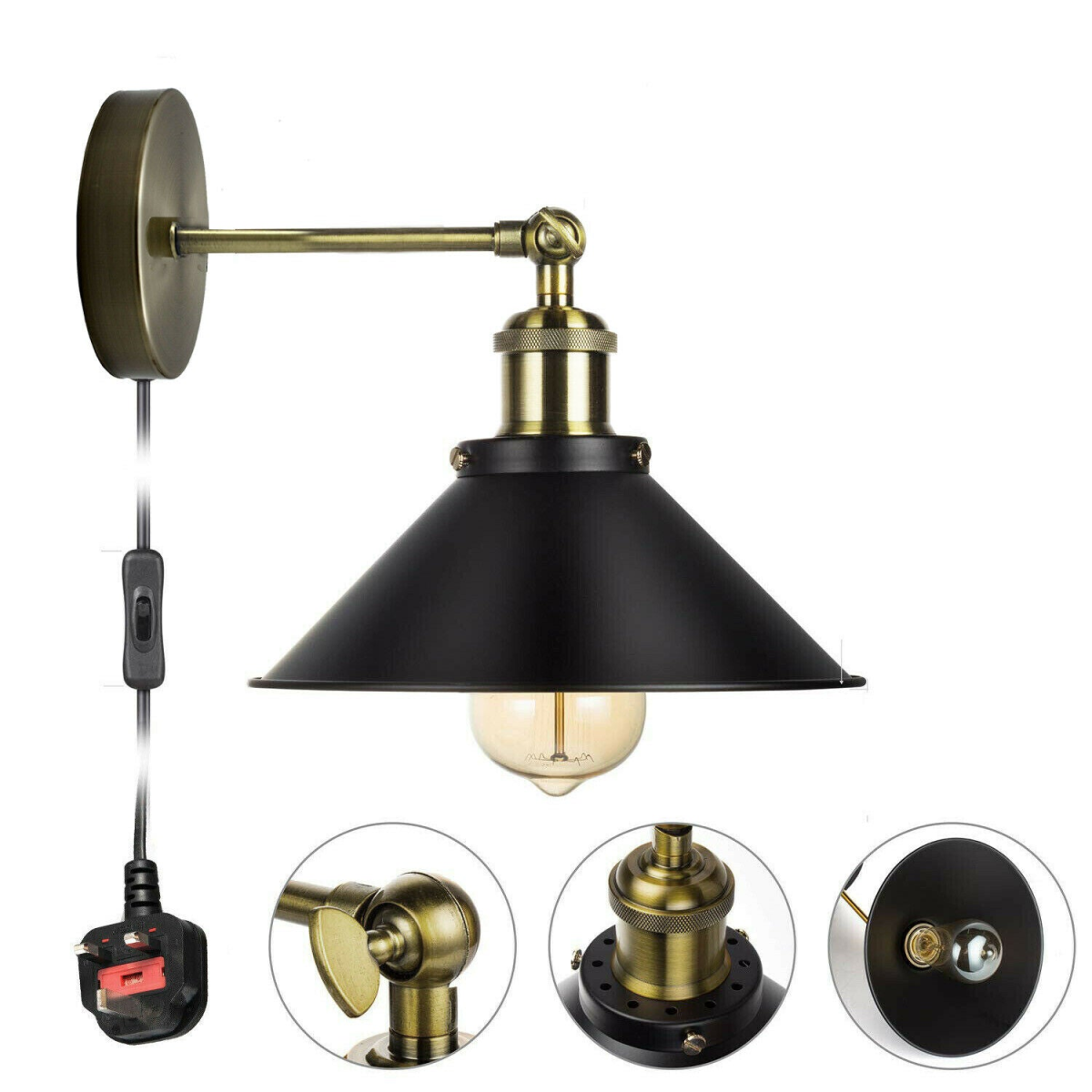LEDSone Vintage Plug-In Wall Light with 180cm Cord, E27 Holder & Free Bulb – Industrial Sconce, Black