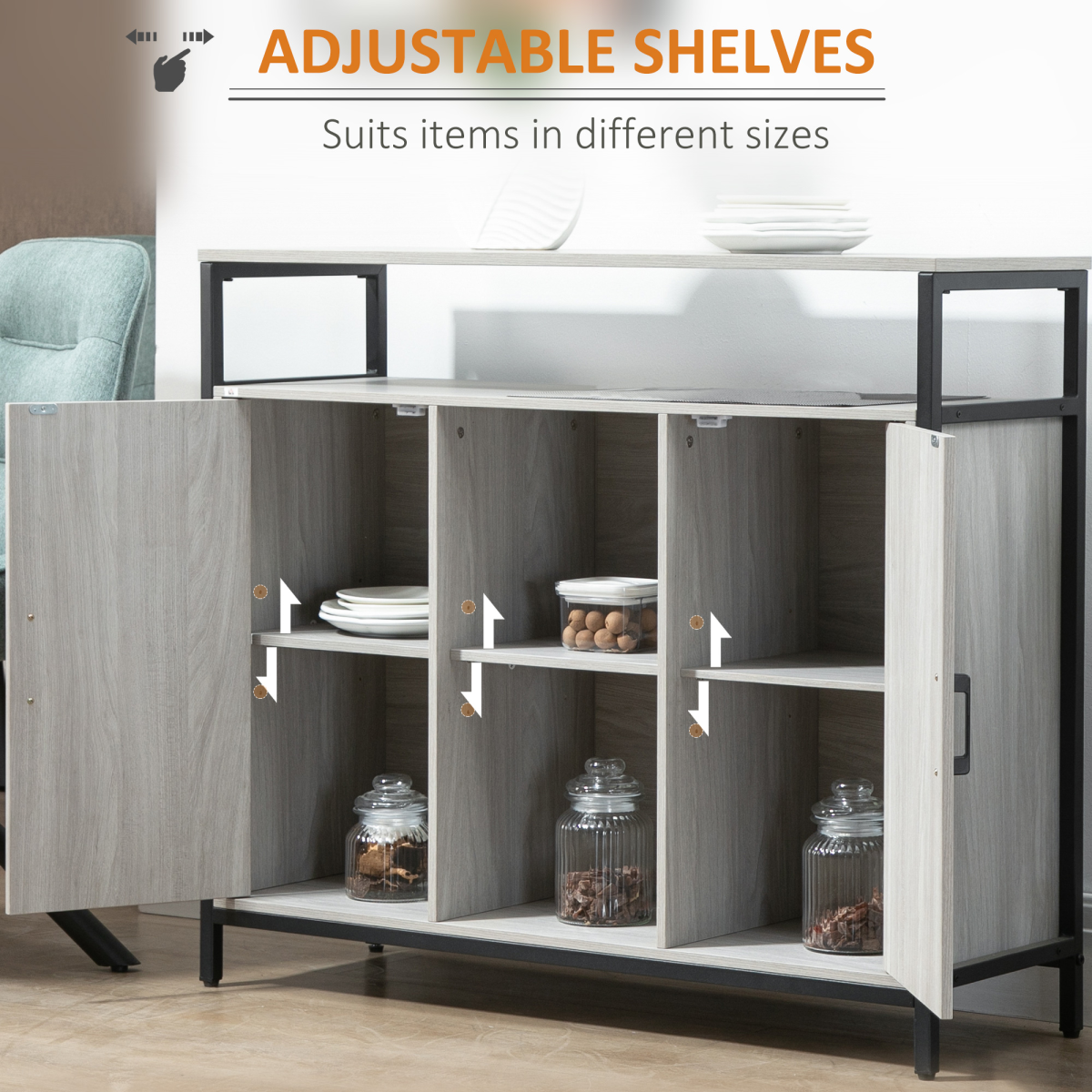 HOMCOM Sideboard with Steel Frame, 2 Doors and Adjustable Shelves – Hallway Storage Cabinet, Light Grey