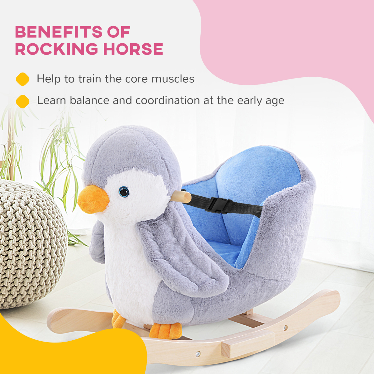 HOMCOM Baby Rocking Penguin with Plush Seat & 32-Song Musical Button – Wooden Ride-On Toy for 18 Months+