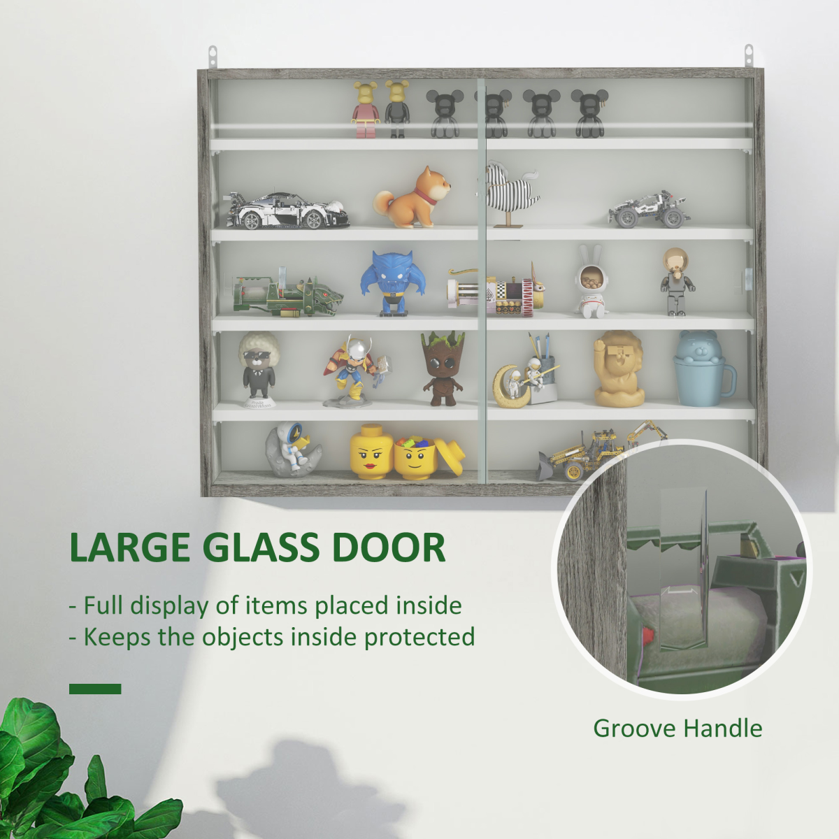 HOMCOM 5-Tier Wall Display Cabinet with Glass Doors & Adjustable Shelves – Space-Saving Wall Storage, Grey