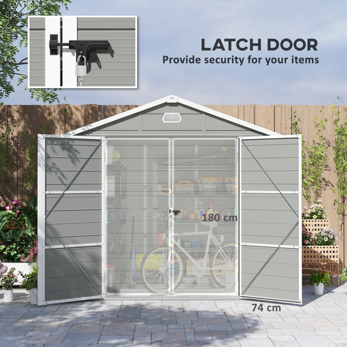 Outsunny 8x6ft Garden Shed with Galvanised Foundation Kit, Vents & Window – Lockable Aluminium Frame Storage, Light Grey