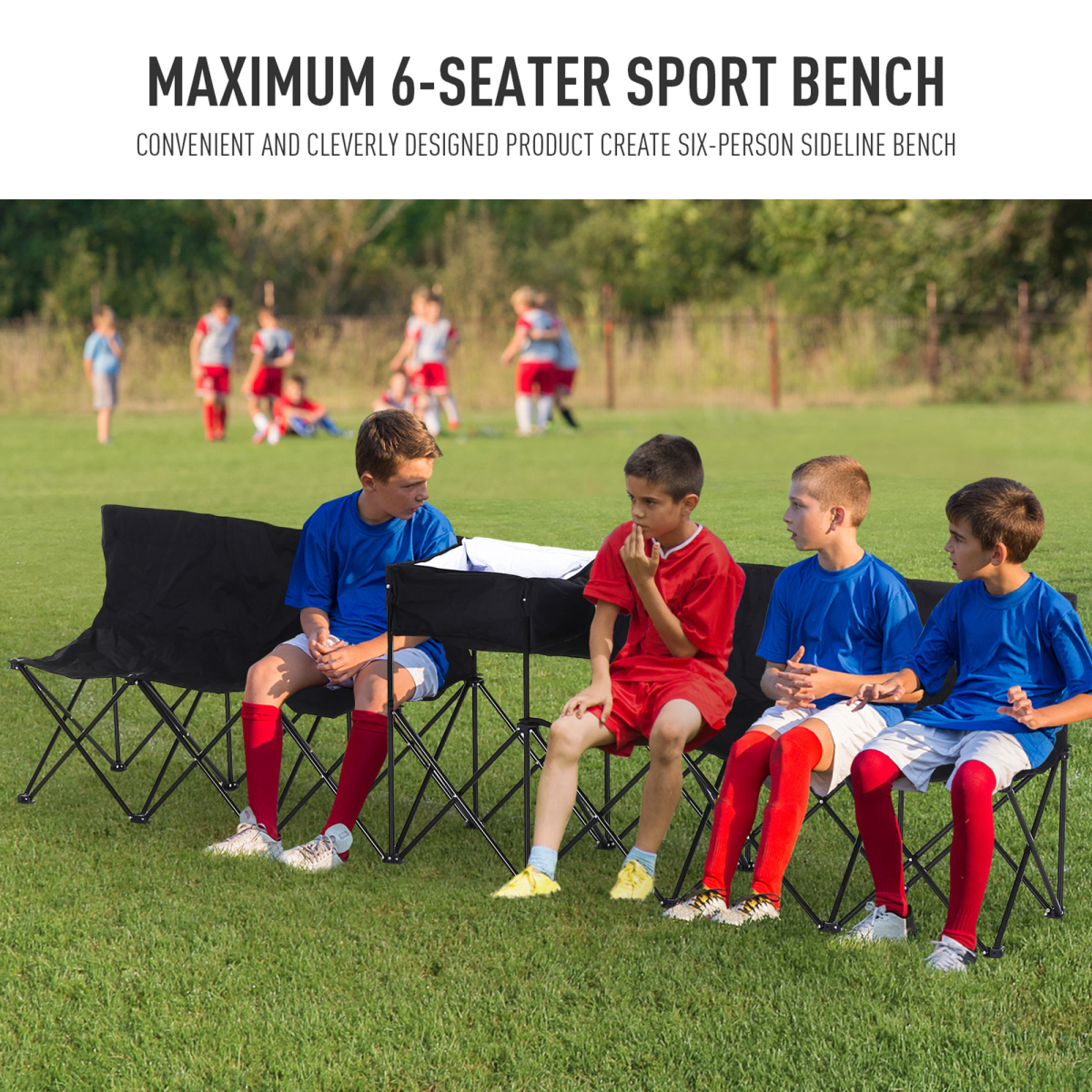 Outsunny 6-Seat Folding Camping Bench with Middle Cooler Bag & Carry Bag – Portable Outdoor Seating, Black