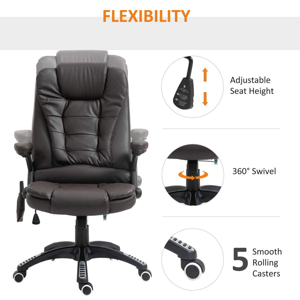 Executive Heated Massage Office Chair with 6-Point Vibration & 135° Recline – Brown Faux Leather