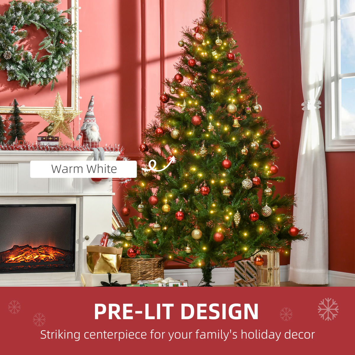 HOMCOM 6ft Pre-Lit Artificial Spruce Christmas Tree with 200 LED Lights & Foldable Metal Base – Green