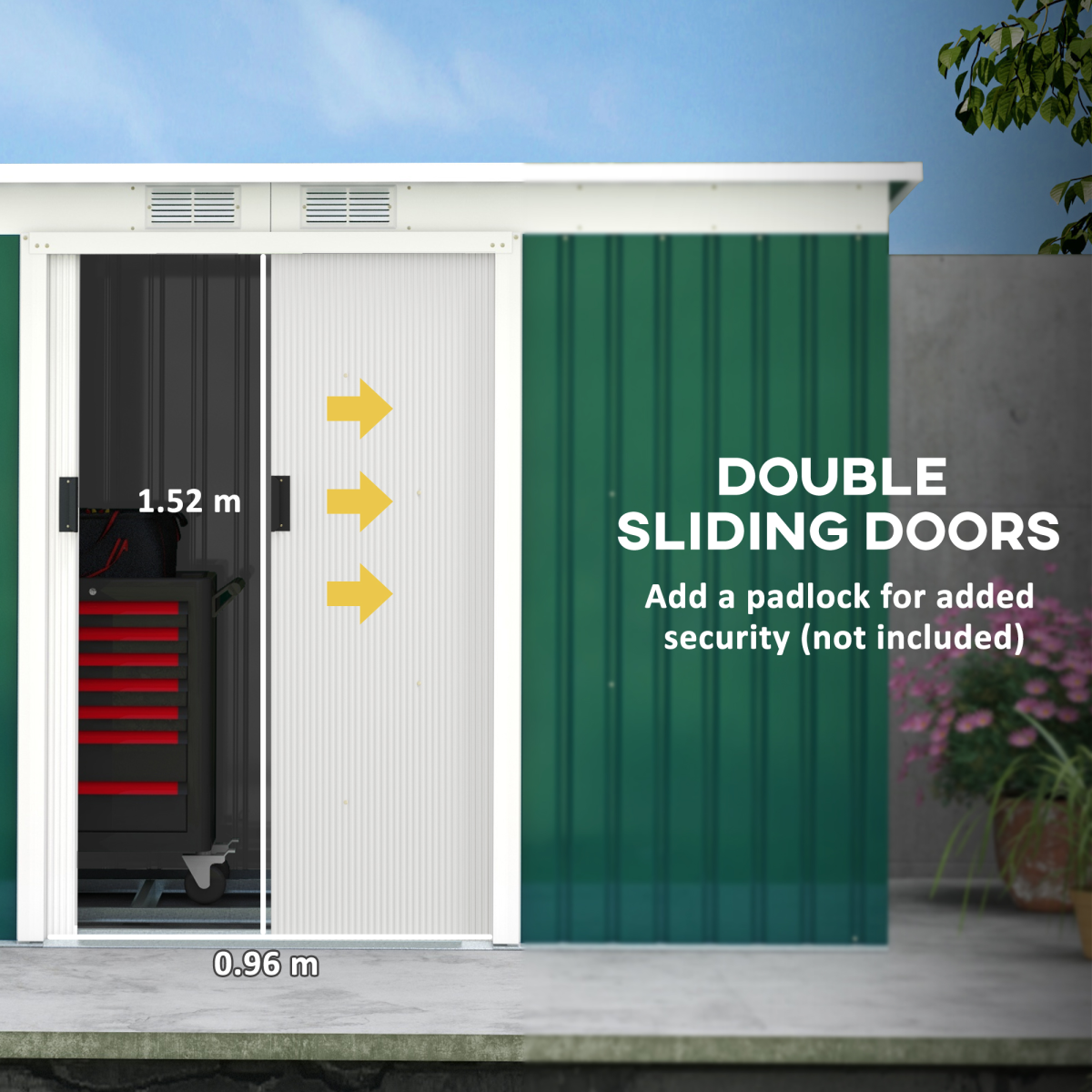 Metal Garden Shed with Sliding Lockable Double Doors, 2 Vents & Foundation Kit – 280 x 130cm, Dark Green