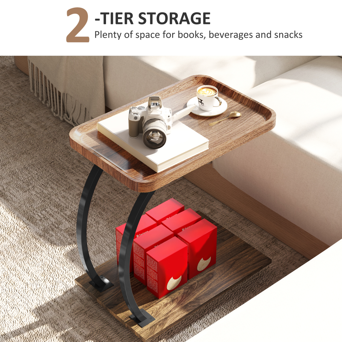 C-Shaped Side Table on Wheels with Tray Top & 2 Tiers – Sofa & Bed Side Table with Storage, Brown & Black