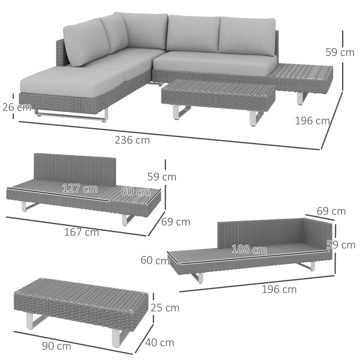 Outsunny 3-Piece Rattan Wicker Garden Sofa Set with Tea Table and Cushions – Patio Furniture, Light Grey