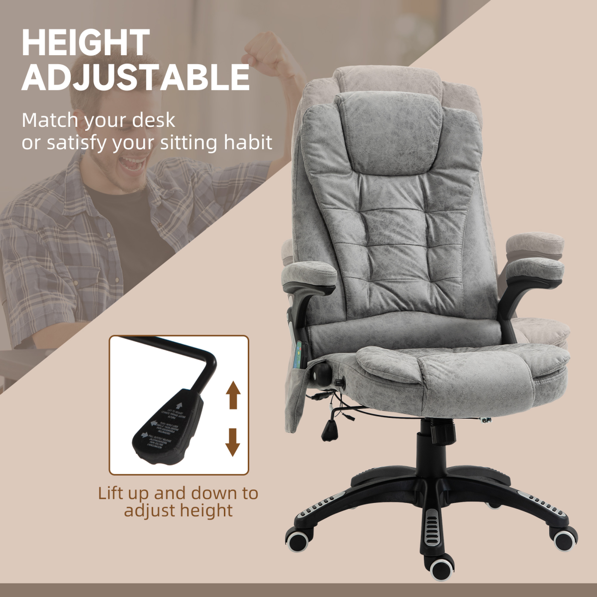 Executive Reclining Office Chair with Heated Massage & Headrest – Swivel Home Office Chair, Grey