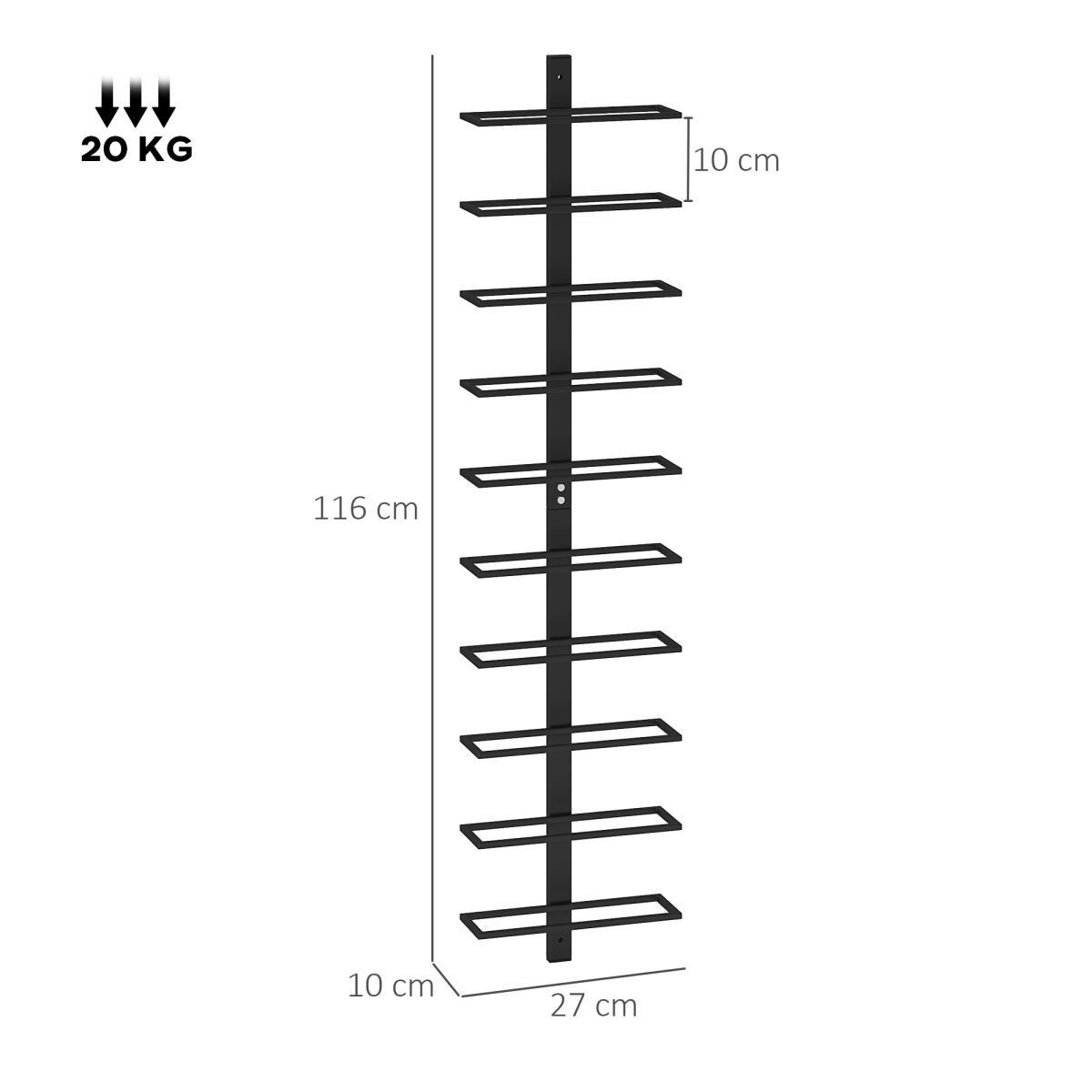HOMCOM Wall Mounted Wine Rack for 10 Bottles – 10-Tier Powder Coated Steel Horizontal Storage, Black