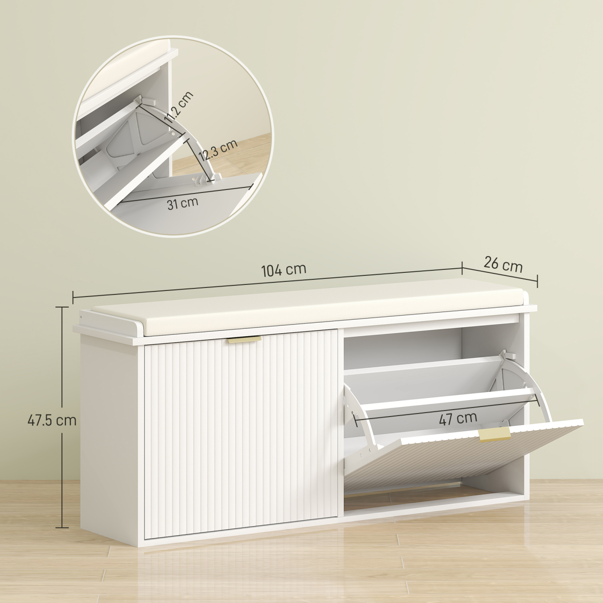 Shoe Storage Bench with Cushioned Seat & 2 Drawers – Hallway Shoe Cabinet for 10 Pairs, White & Beige