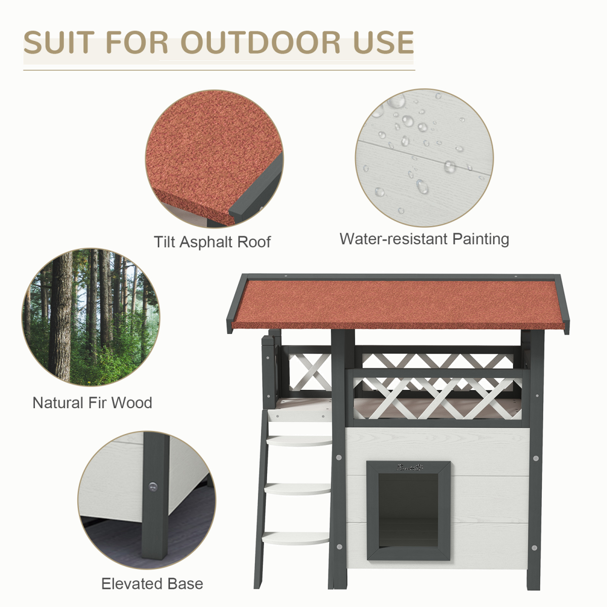 PawHut Outdoor Cat House with Balcony, Stairs and Asphalt Roof – Elevated Fir Wood Cat Shelter