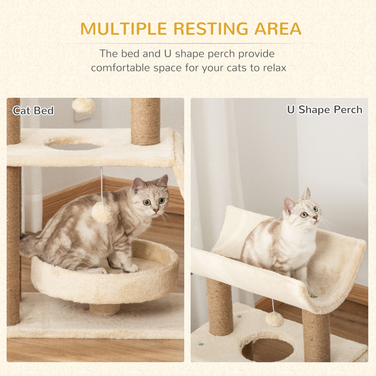 PawHut Cat Tree Kitten Tower with Scratching Post, Jute Pad, Plush Bed, U-Shape Perch & Dangling Toy Balls